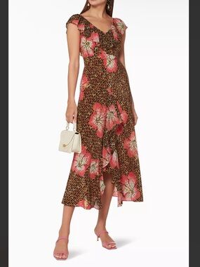 RIXO Silk Multicolor Antoinette Floral V-Neck Midi Dress Size XL